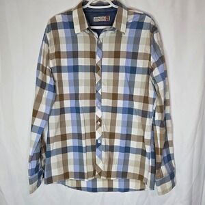 Sovereign Code Mens Tucker Plaid Button Down Shirt‎ Beige Blue SCWN016LS Large